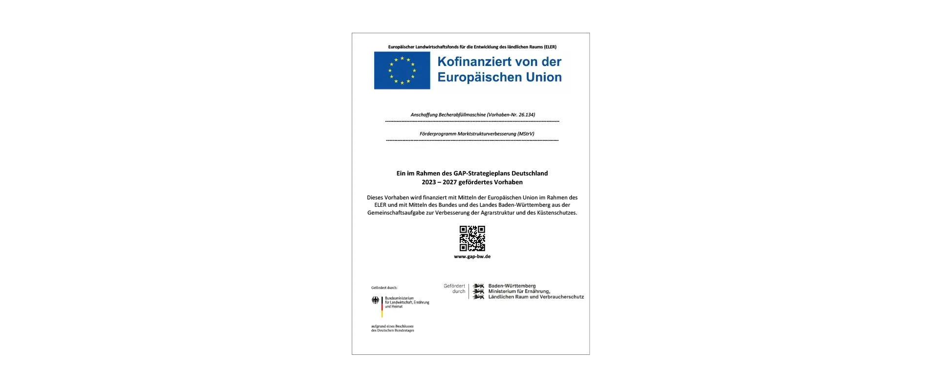 Vorschaubild der Erläuterungstafel für das Vorhaben Nr. 26.134, Anschaffung Becherabfüllmaschine, Förderprogramm Marktstrukturverbesserung