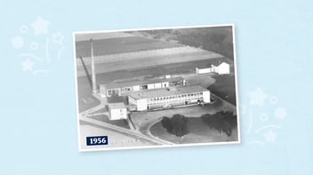 Eine Luftaufnahme des Hohenloher Molkerei Geländes mit Gebäuden von 1956