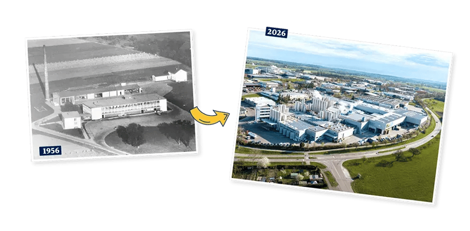 Links eine Luftaufnahme des Hohenloher Molkerei Geländes im Jahr 1956, rechts daneben eine Luftaufnahme des Geländes und der Gebäude im Jahr 2026