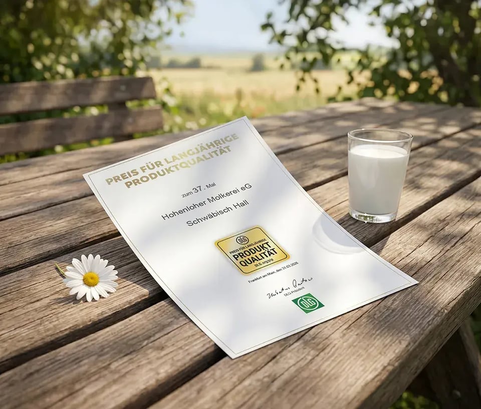 Urkunde der Hohenloher Molkerei eG für den Preis für langjährige Produktqualität