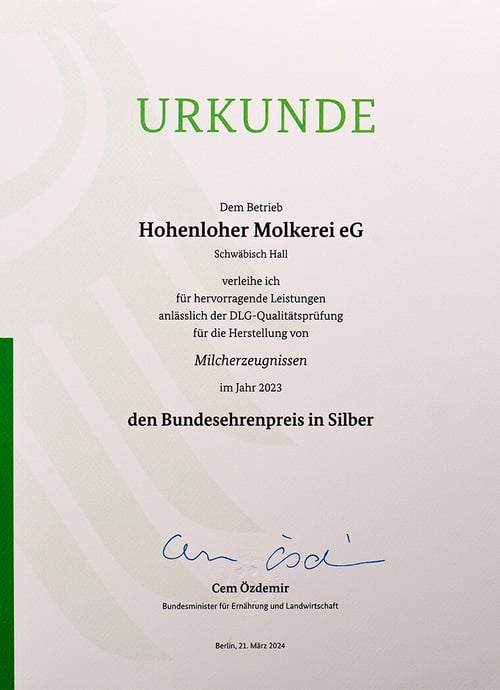 Bundesehrenpreis in Silber für die Hohenloher Molkerei