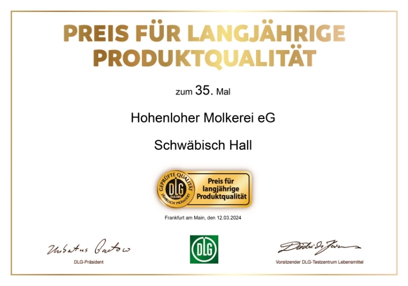 Auszeichnung für langjährige Produktqualität der DLG