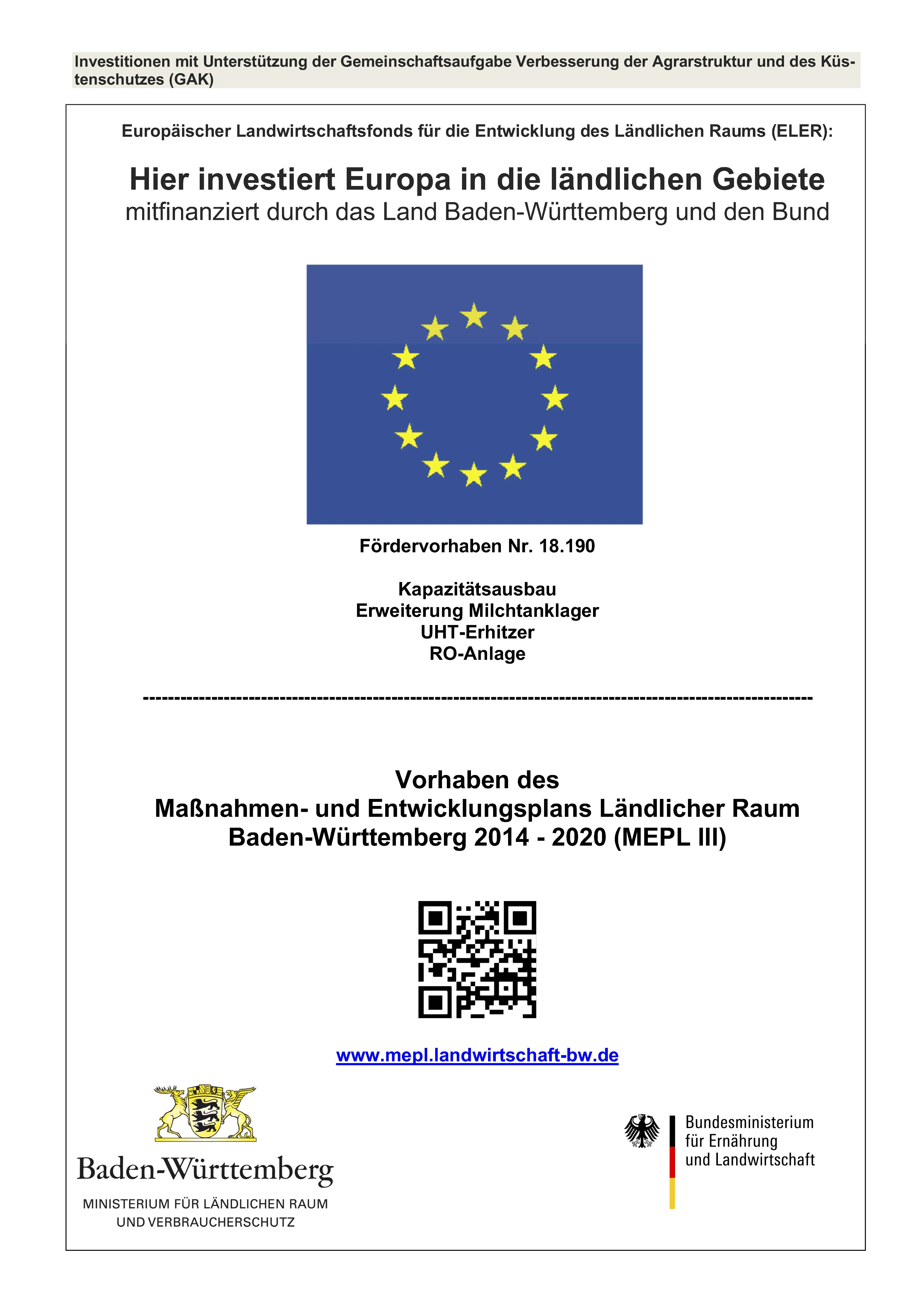 Vorschaubild der Erläuterungstafel für das Vorhaben Nr. 18.190, Kapazitätsausbau, Erweiterung Milchtanklager, UHT-Erhitzer, RO-Anlage