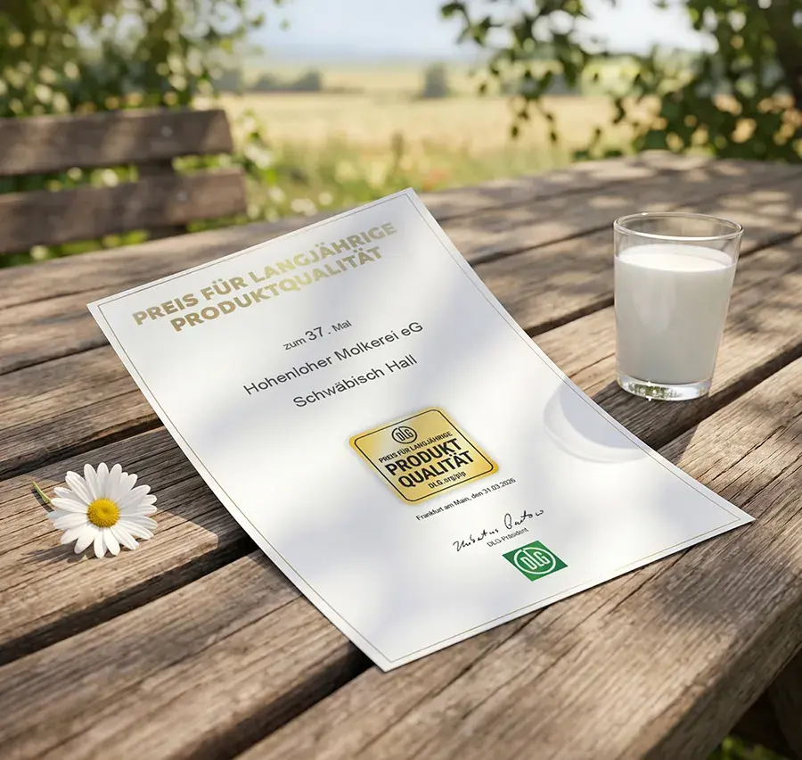 Die Urkunde der 37. Auszeichnung „Preis für langjährige Produktqualität" auf einem Holztisch in der Natur