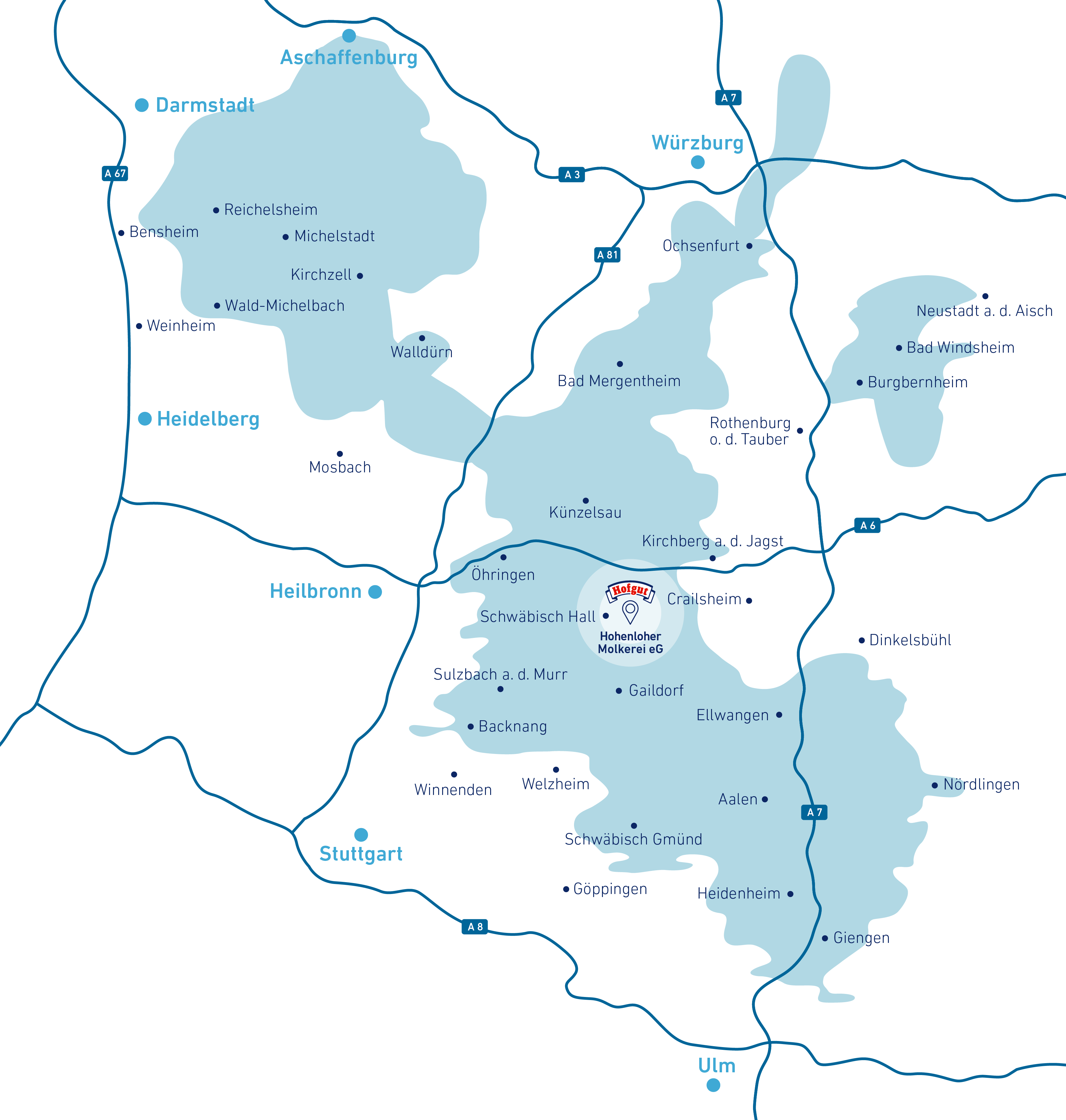 Eine Karte vom Einzugsgebiet der Hohenloher Molkerei, das sich von Aschaffenburg im Norden, bis über Gingen hinaus im Süden, Neustadt an der Aisch im Osten und bis fast nach Bensheim im Westen erstreckt