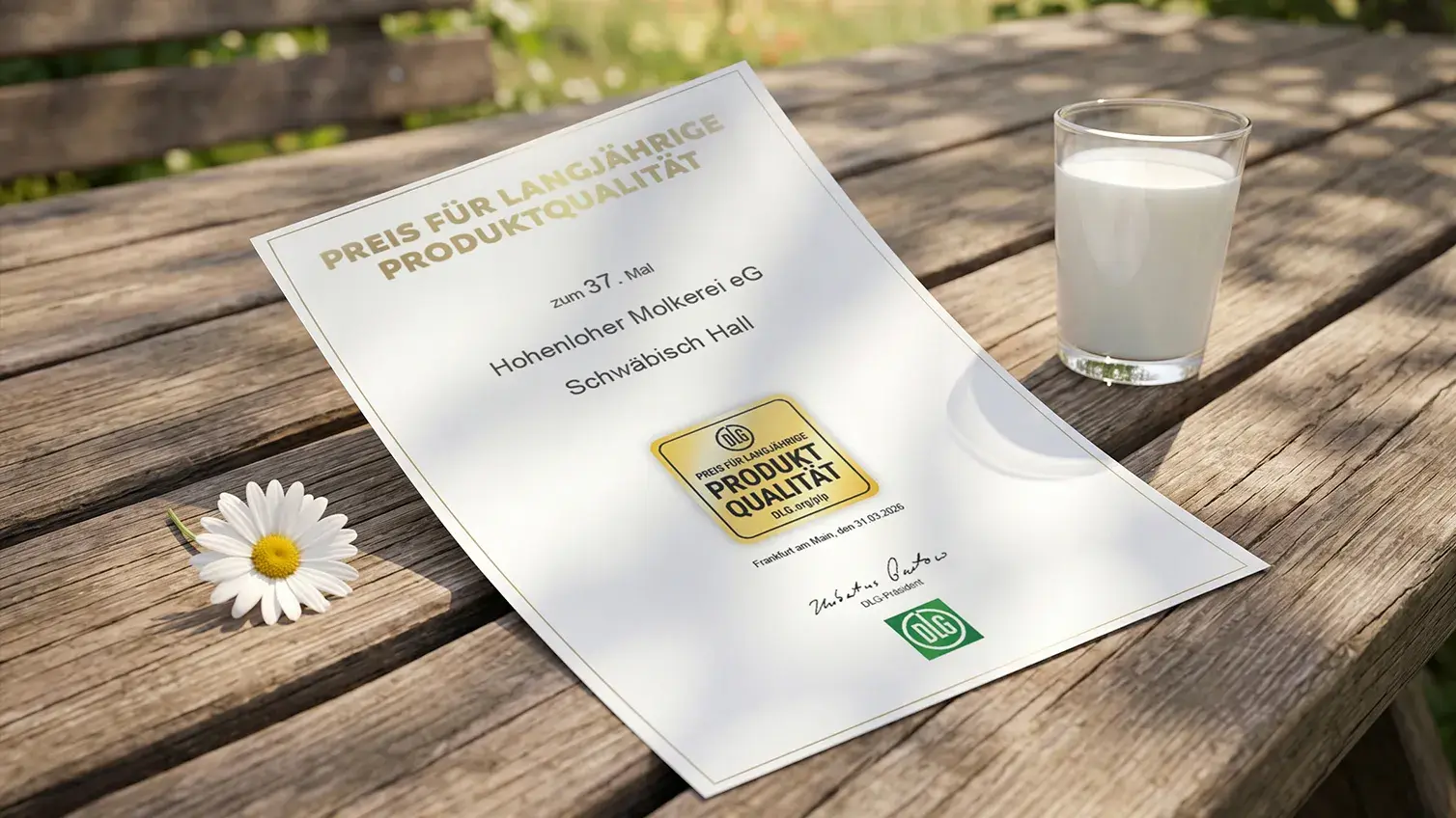 Urkunde der Hohenloher Molkerei eG für den Preis für langjährige Produktqualität