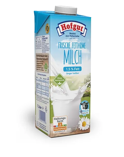 Ein 1 Liter Tetra Pak Hofgut frische fettarme Milch, 1,5 % Fett