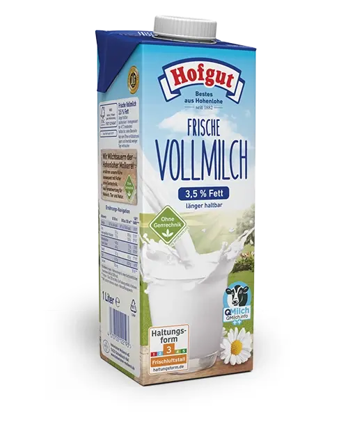 Ein 1 Liter Tetra Pak Hofgut frische Vollmilch, 3,5 % Fett