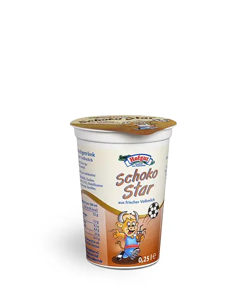 Ein 0,25 Liter Becher Hofgut Schokostar aus frischer Vollmilch