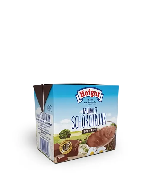 Ein 0,5 Liter Tetra Pak Hofgut haltbarer Schokotrunk