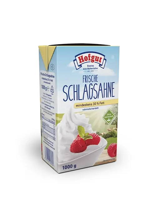 Ein 1000 Gramm Tetra Pak Hofgut frische Schlagsahne