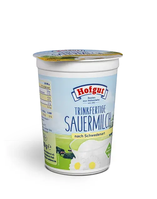 Ein 500 Gramm Becher Hofgut trinkfertige Sauermilch nach Schwedenart