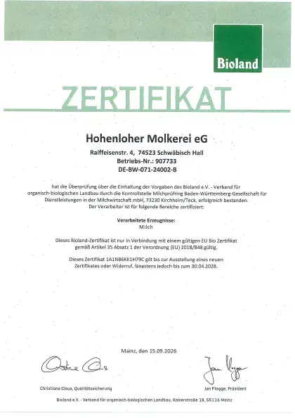 Vorschaubild vom Bioland-Zertifikat 2026 für die Hohenloher Molkerei