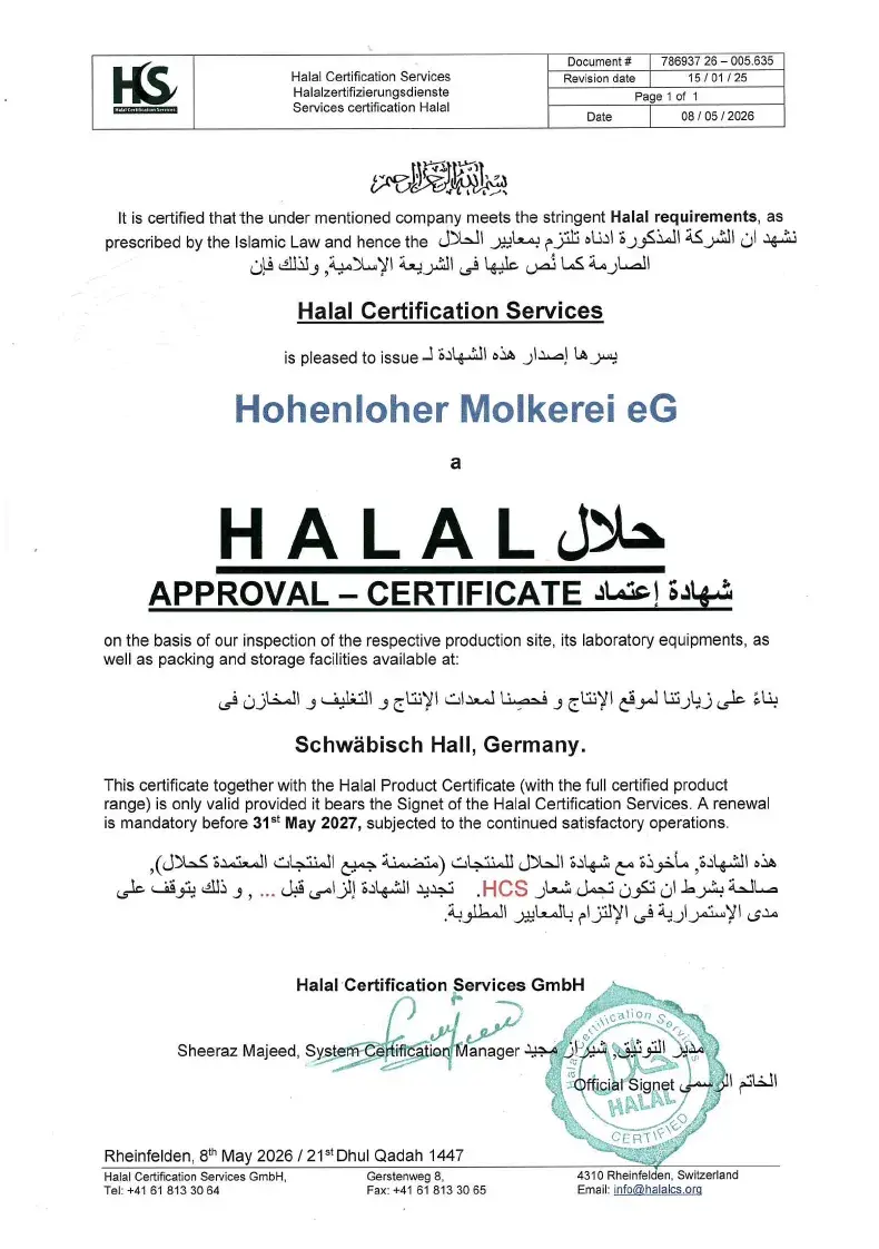 Vorschaubild vom Halal-Zertifikat 2026 für die Hohenloher Molkerei