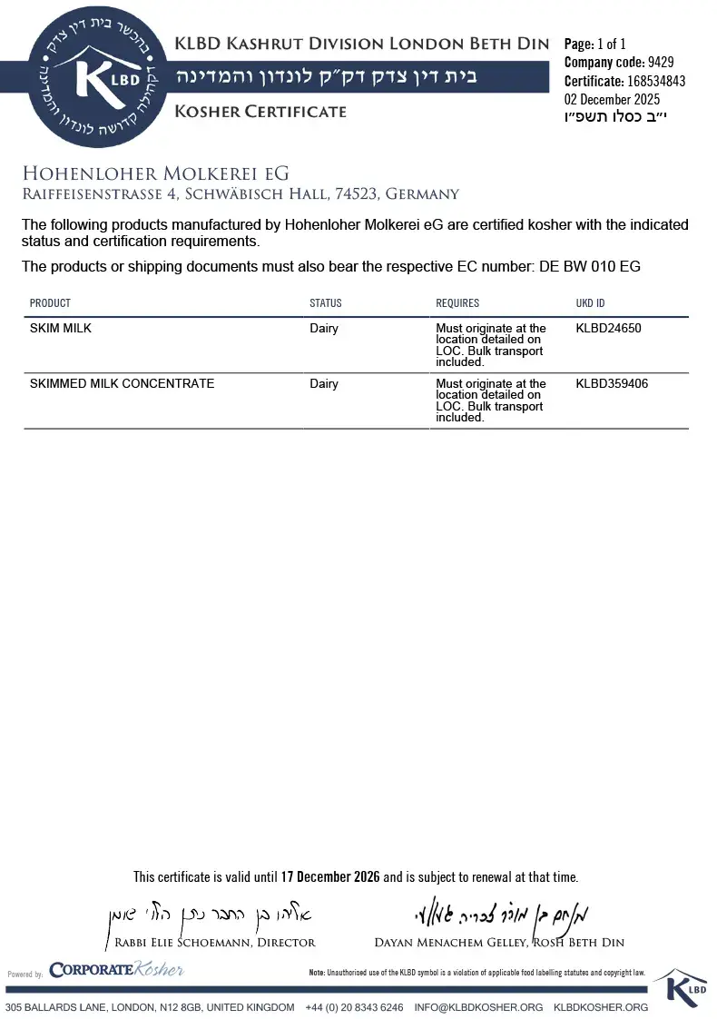 Vorschaubild vom Kosher-Zertifikat 2026 für die Hohenloher Molkerei