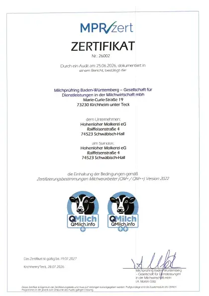 Vorschaubild vom QM-Milch-Zertifikat 2026 für die Hohenloher Molkerei
