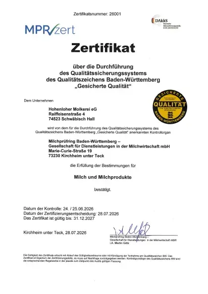Vorschaubild vom Qualitätszeichen-Baden-Württemberg-Zertifikat 2026 für die Hohenloher Molkerei