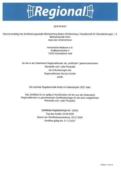 Vorschaubild vom Regionalfenster-Zertifikat 2026 für die Hohenloher Molkerei